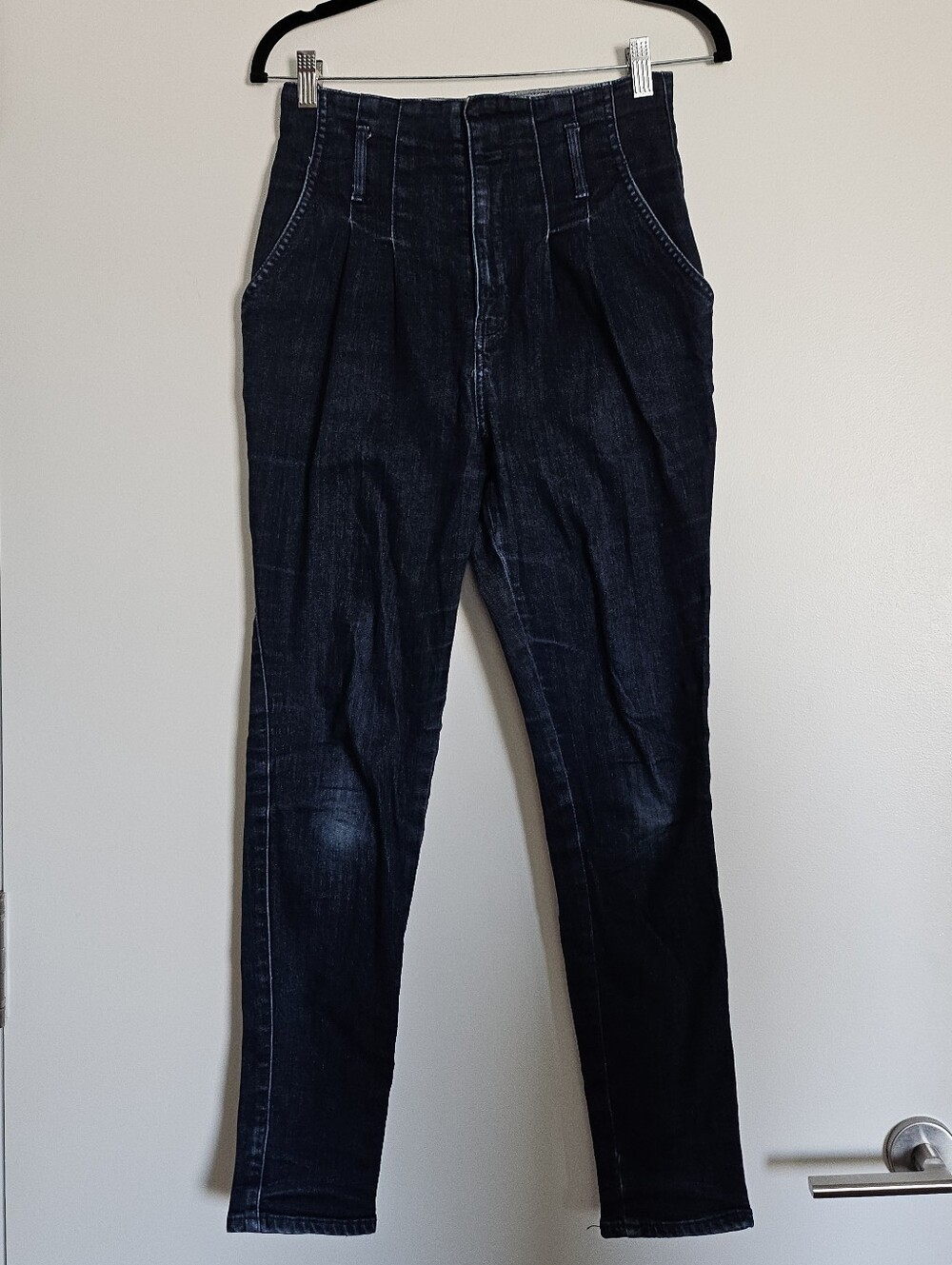 Rienda High-Rise Dark Wash Denim Pleated Tapered Peg Leg Pants